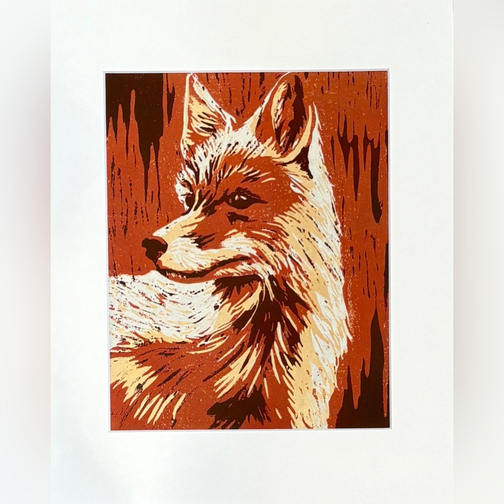 Fox Art Hand Printed Linocut Owl Reduction Print Woodland Animal Art Matted